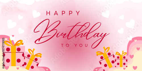 Happy birthday greeting card background design. Birthday greeting text in background with gift box, party hat, pennants and stars elements decoration. 