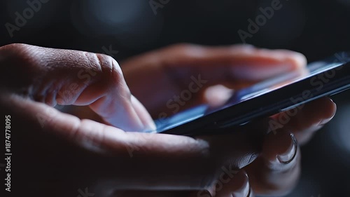 Close-Up of Hands Using Smartphone in Low Light.
