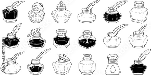 Black and White Line Art of Antique Inkwells with Quills, Vintage Writing Tools