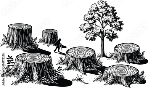 “Detailed vector illustration showing tree stumps, lone surviving tree, and lumberjack with chainsaw highlighting deforestation impact, environmental destruction, forest loss, conservation awareness, 