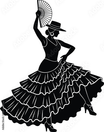 “Dynamic flamenco dancer silhouette wearing traditional ruffled dress and hat, performing expressive pose with raised fan, elegant Spanish cultural vector illustration for design projects”