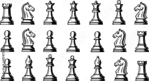 Black and White Chess Pieces Hand-Drawn Line Art Set for Strategy Board Game. Vintage Engraving Style Illustration of King, Queen, Rook, Bishop, Knight, Pawn