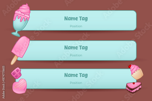 Blue Dessert-Themed Name Tag Templates with Ice Cream, Popsicle, Chocolate, and Cupcake Illustrations in Cute Cartoon Style