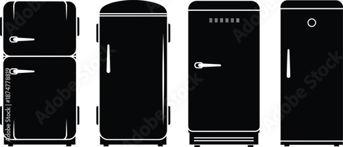 “Retro refrigerator silhouettes set displaying classic vintage fridge designs with minimalist details, clean shapes, nostalgic style, and bold black vector illustration elements,