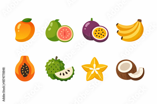 Tropical Venezuelan Fruit Icons Set, Flat Vector Illustrations of Mango, Guava, Passion Fruit, Banana and Local Fruits
