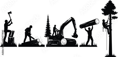 “Silhouette illustration of lumberjack workers cutting trees, operating forestry machinery, carrying logs, and performing climbing tasks in professional logging and wood industry environment,