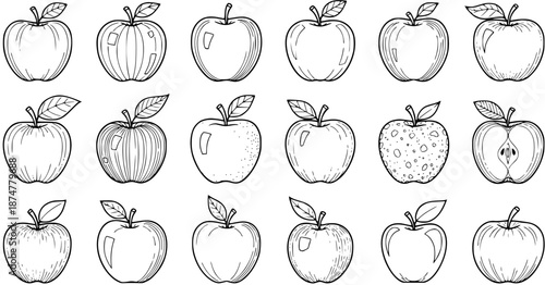 Black and White Line Art Illustration of Various Apples, Food Icon