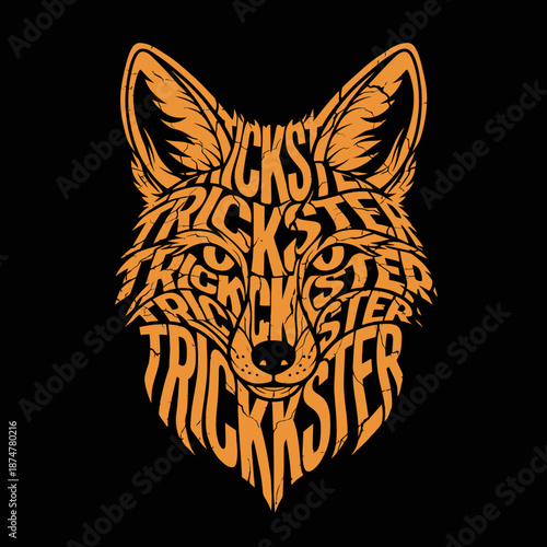 Stylized Fox Head with Trickster Typography Design.