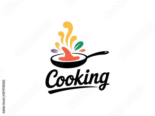 A colorful logo featuring a frying pan with food splashing out, symbolizing cooking.