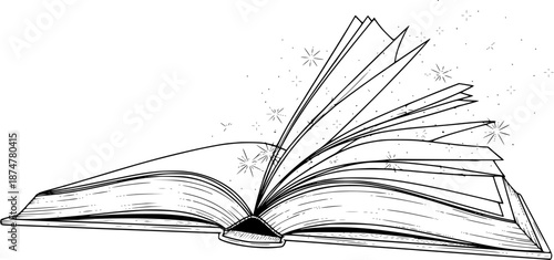 Magical Open Book with Fanning Pages and Sparkles - Black and White Line Art for Education, Fantasy, and Storytelling Concepts