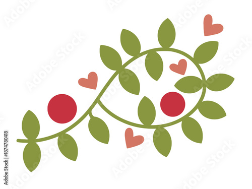 A whimsical illustration of a green vine with red berries and pink hearts on a white background
