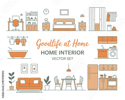 A vector set of home interior illustrations showcasing various rooms and furniture in a modern style