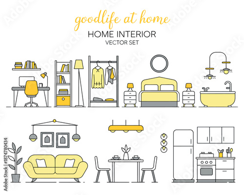 A modern home interior with various rooms and furniture in a minimalist style