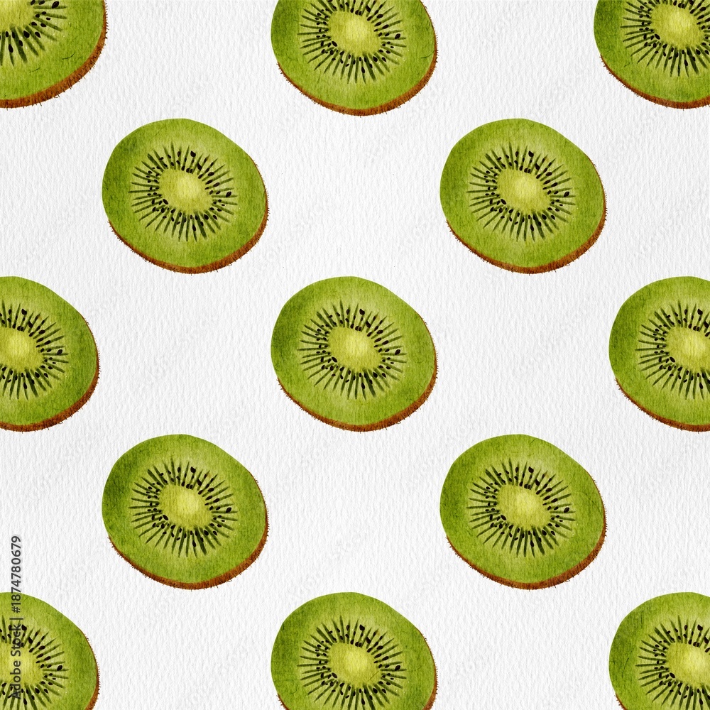 Fototapeta premium Seamless digital watercolor pattern of fresh kiwi slices. Perfect for textile, packaging, bakery, fruit, and design projects. 