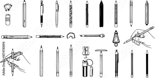 Detailed Black and White Line Art Set of Hand-Drawn Pencils, Pens, Sharpeners, and Erasers for Education, Art, and Office Stationery