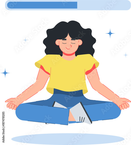 A flat vector illustration of a young woman meditating in a lotus pose with a blue loading progress bar above her head. This concept represents mental health awareness, emotional recharging