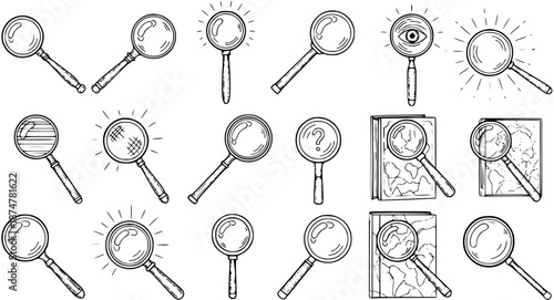 Black and White Line Art Hand Drawn Magnifying Glass Icons for Investigation, Research, and Discovery in Science and Education.