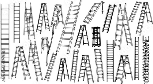 Black and White Line Art of Various Ladders and Step Stool, Construction and DIY Objects