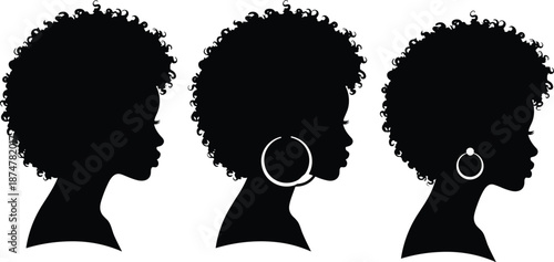 Black woman silhouette profiles with afro hairstyle, female face side view icons, minimalist beauty portrait illustration set isolated