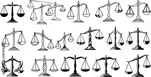 Black  White Line Art Justice Scales Icon Set. Various Balance Scale Illustrations for Law, Ethics, Equality, and Legal Concepts.