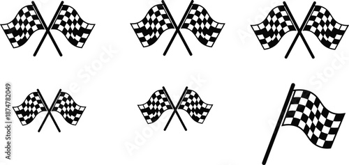 Checkered racing flags icon set, black and white finish line symbols for motorsport victory competition vector illustration