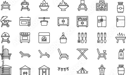 Camping and outdoor cooking icons set, line outline vector symbols for barbecue kitchen furniture picnic travel lifestyle design