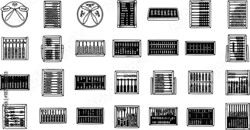 Abacus Line Art Icons Collection: Black and White Vector Illustrations of Traditional Counting Tools for Mathematics, Finance, Education, and Accounting History.