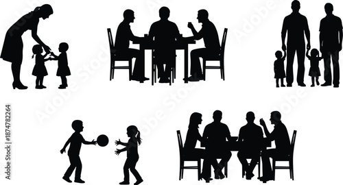 Family silhouettes collection, parents children daily activities, family bonding scenes, dining playing childcare moments, lifestyle relationship, black vector illustration