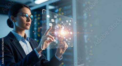 Cybersecurity expert touching digital protection shield in dark data center.