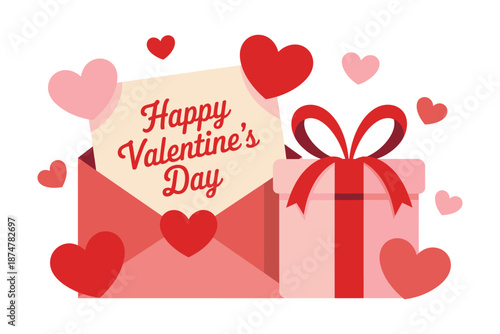 A festive Valentine's Day graphic with a gift box and card surrounded by hearts