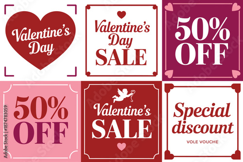 A collection of Valentine's Day sale signs and discounts on a pink and red background