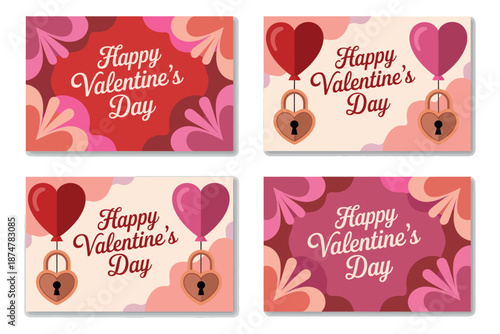 A set of Valentine's Day cards with hearts and locks on a colorful background