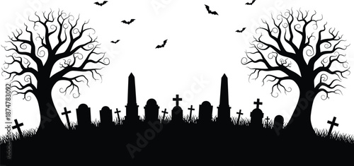 Halloween graveyard silhouette scene, spooky cemetery with tombstones trees and bats, dark horror night background, black vector illustration