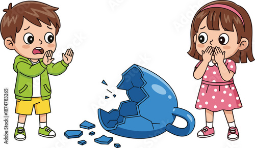 Kids breaking ceramic cup illustration, shocked children reaction, accident mistake scene, childhood emotions learning moment, colorful cartoon vector design