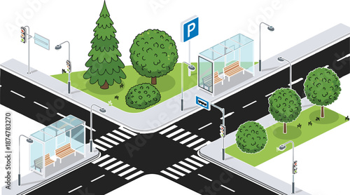 Isometric city street intersection with bus stops, parking sign, trees, crosswalks, urban infrastructure illustration, modern transportation concept