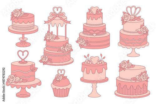 A collection of beautifully decorated pink cakes and cupcakes on stands and plates, perfect for a wedding or celebration.