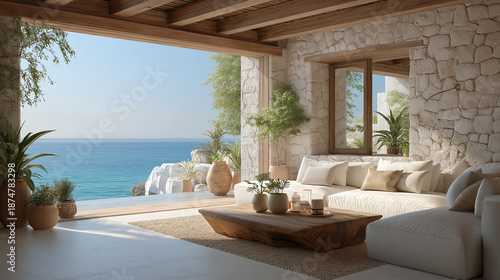 Wallpaper Mural Coastal Haven: A luxurious patio overlooking the vast expanse of the ocean. Sunlight streams through the open doorway, illuminating a comfortable seating area. Torontodigital.ca