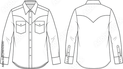 Men western style shirt technical fashion illustration, long sleeve button down apparel front back view vector clothing design