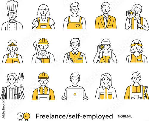 A diverse group of freelance and self-employed professionals in various occupations