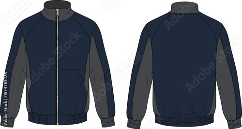 Men bomber jacket illustration, front and back view apparel design, zippered casual outerwear, modern fashion clothing, detailed flat vector template