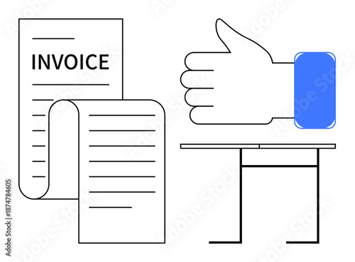 Finance, billing, approval, accounting management, transactions, office work. an invoice document, thumbs-up gesture and desk. Finance and billing workflows theme