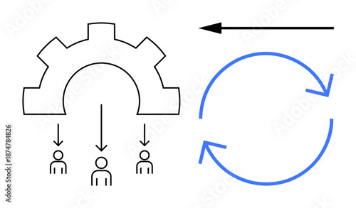 Workflow concept. Workflow illustrated through a gear system funneling to individuals and a circular arrow showing process automation. Workflow for business, efficiency, teamwork, operations