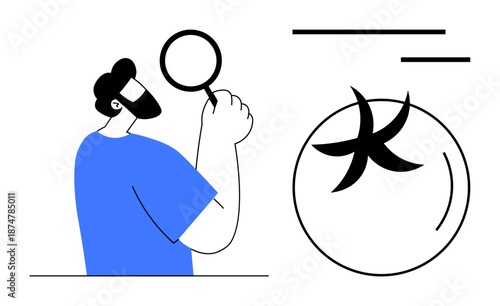 Analysis, research, inspection, investigation, discovery, focus. Person using a magnifying glass to examine a star symbol. Analysis and research concept focus and investigation