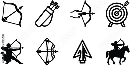 Archery icons set with bows arrows targets and quiver on white background