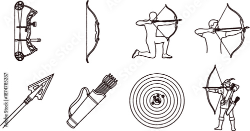 Archery equipment and people shooting arrows with bows and arrow targets for hunting and sports  Various archery tools and accessories