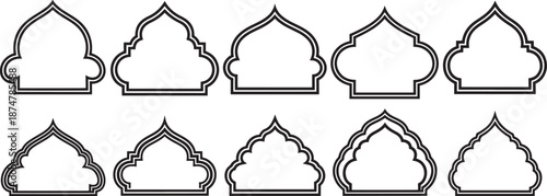 Islamic Dome and Mosque Arch Outline Set with Ornamental Arabic Style Borders for Ramadan Kareem and Eid Mubarak Graphic Designs