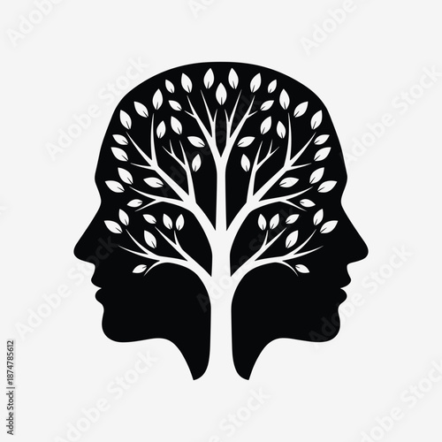 Silhouette of two heads with a tree isolated on white background, Vector, illustration