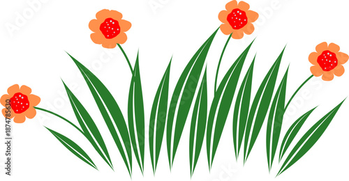 Vector of spring grass flowers. Spring garden grass and flowers border. Cartoon vector flower background. Green elements objects flora on transparent background