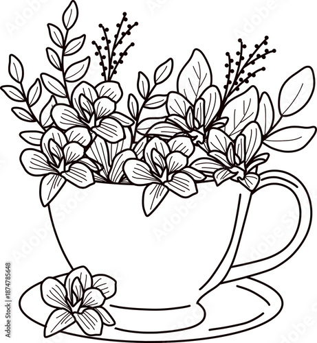 Vector of teacup filled with flowers. Hand drawn illustration of a teacup filled with flowers and leaves. Line art teacup filled with flowers leaves on a floral