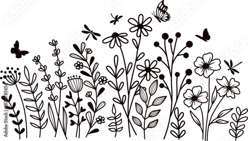 Line art vector of various wildflowers and butterflies. Beautiful black and white silhouette design featuring various wildflowers butterflies and a dragonfly. 